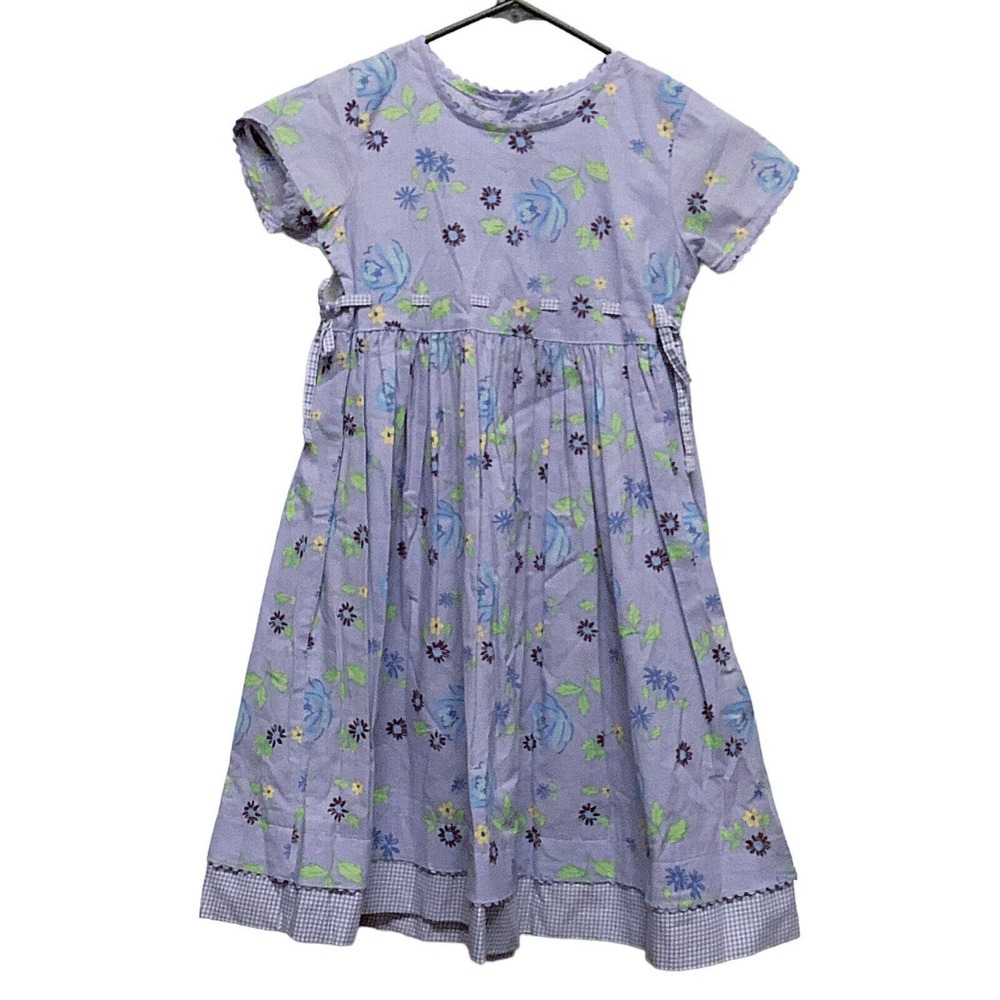 HEARTS AND FLOWERS Lavender Flowers Checks Girls Dress Sz 6X MISSING 1‎ BUTTON